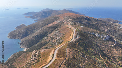 Aerial drone photo amazing landscape and paradise beaches in fjord shaped island of Fournoi Ikarias ensuring and relaxing vacations untouched by tourism, North Aegean sea, Greece photo