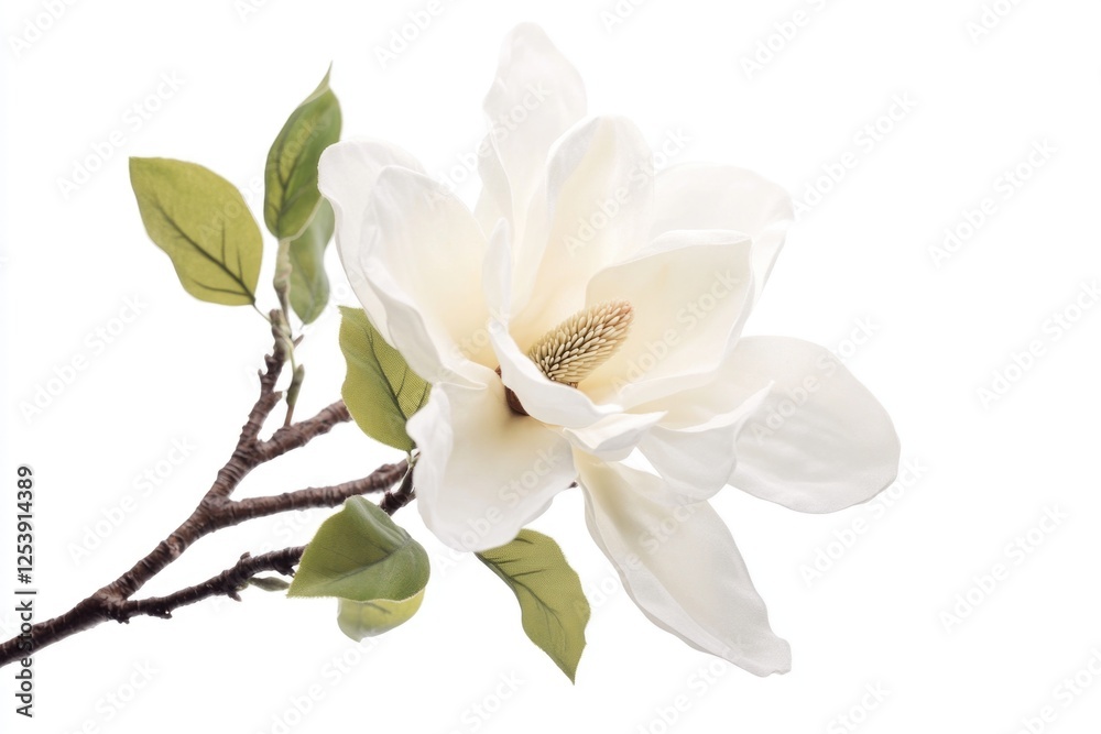 Fototapeta premium A single white flower with green leaves on a branch, suitable for decoration or photography