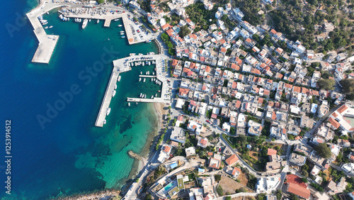 Aerial drone photo of main village and port of amazing fjord shaped island of Fournoi Ikarias featuring beautiful beaches and relaxing vacations untouched by tourism, North Aegean sea, Greece photo