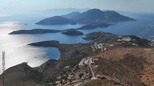 Aerial drone photo amazing landscape and paradise beaches in fjord shaped island of Fournoi Ikarias ensuring and relaxing vacations untouched by tourism, North Aegean sea, Greece photo