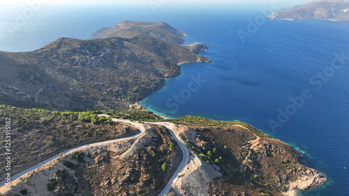 Aerial drone photo amazing landscape and paradise beaches in fjord shaped island of Fournoi Ikarias ensuring and relaxing vacations untouched by tourism, North Aegean sea, Greece photo