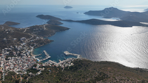 Aerial drone photo of main village and port of amazing fjord shaped island of Fournoi Ikarias featuring beautiful beaches and relaxing vacations untouched by tourism, North Aegean sea, Greece photo