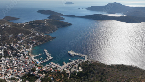 Aerial drone photo of main village and port of amazing fjord shaped island of Fournoi Ikarias featuring beautiful beaches and relaxing vacations untouched by tourism, North Aegean sea, Greece photo