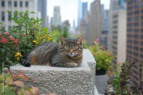 A cat lounging on a urban ledge with city views photo