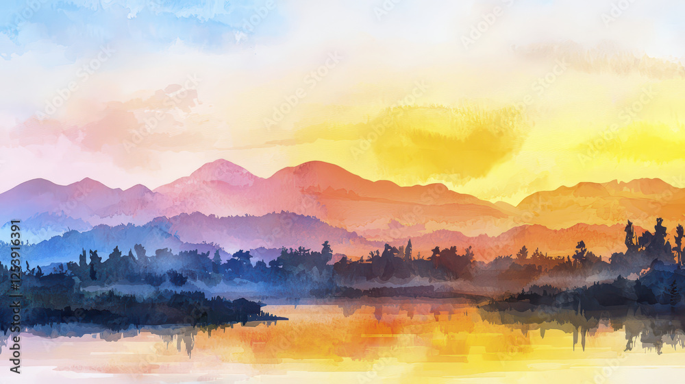 Fototapeta premium Breathtaking sunset landscape with mountains and calm water reflections