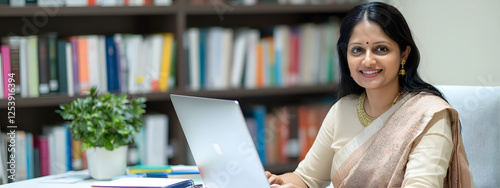 A photograph of an Indian woman in her late thirties, smiling as she works on a laptop at her office desk
