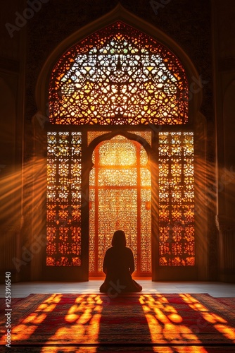 Muslim woman praying in mosque at golden hour