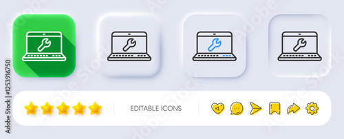 Spanner tool line icon. Neumorphic, Flat shadow, 3d buttons. Laptop repair service sign. Fix instruments symbol. Line laptop repair icon. Social media icons. Vector