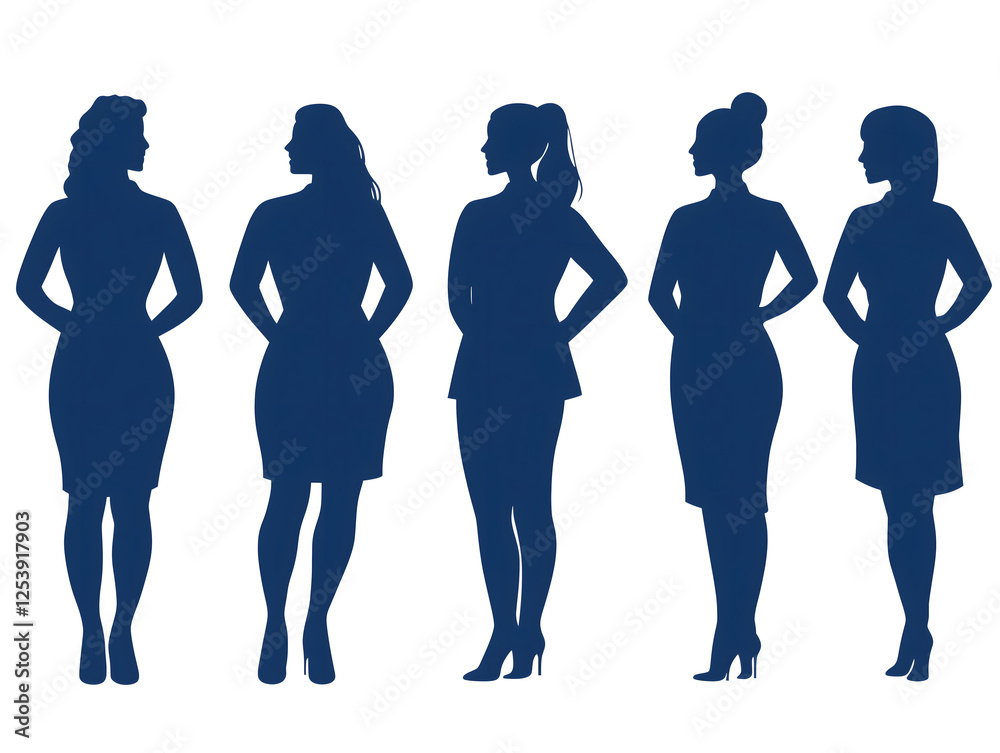 Silhouettes of five women wearing office attire standing in a row. Silhouettes of five women wearing office attire standing in a row.