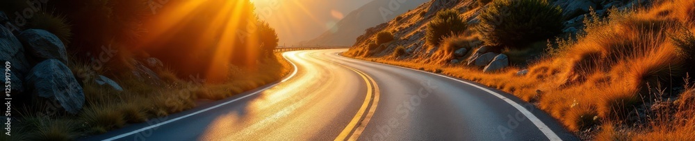 Fototapeta premium Sun-drenched asphalt road curves sharply uphill, outdoors, strong, rural