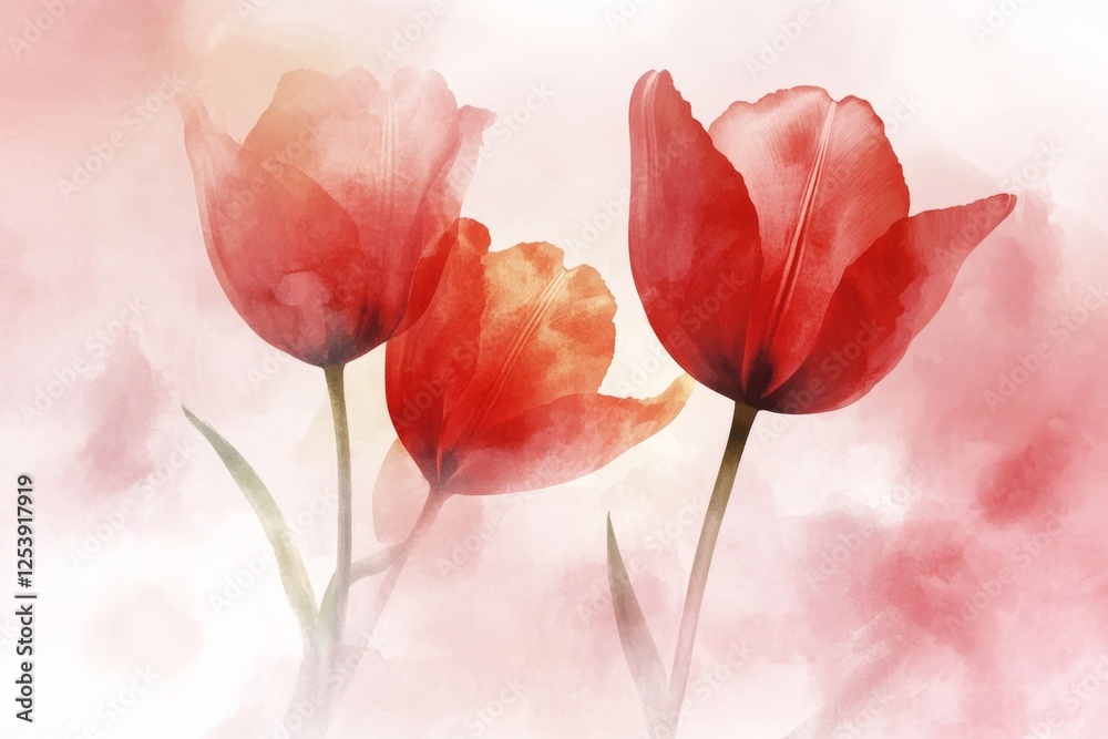 Delicate Red Tulips in Soft Watercolor Background Delicate Red Tulips in Soft Watercolor Background
