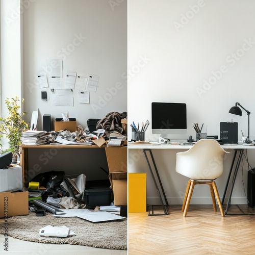 Cluttered workspace contrasts with organized office environment showcasing the impact of tidiness on productivity. Generative AI