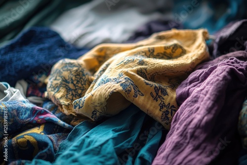 A pile of clothes laid out on a bed, ready for folding or putting away photo