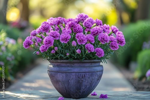 Potted purple carnations an outdoor garden setting fresh and vibrant summer vibes