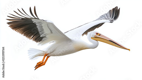 Pelican flying isolated on white background.