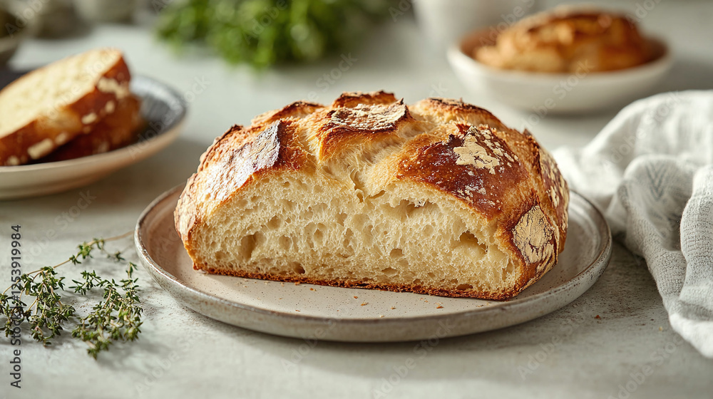 Rustic loaf of sourdough bread freshly baked with crusty golden exterior and soft airy interior. Rustic loaf of sourdough bread freshly baked with crusty golden exterior and soft airy interior.