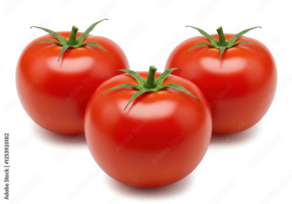 Bright red perfectly round tomatoes with green stems isolated on white background Bright red perfectly round tomatoes with green stems isolated on white background