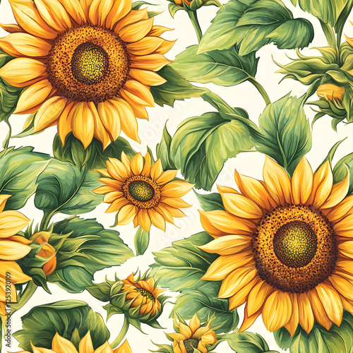 Seamless pattern with vibrant sunflowers blooming joyfully
