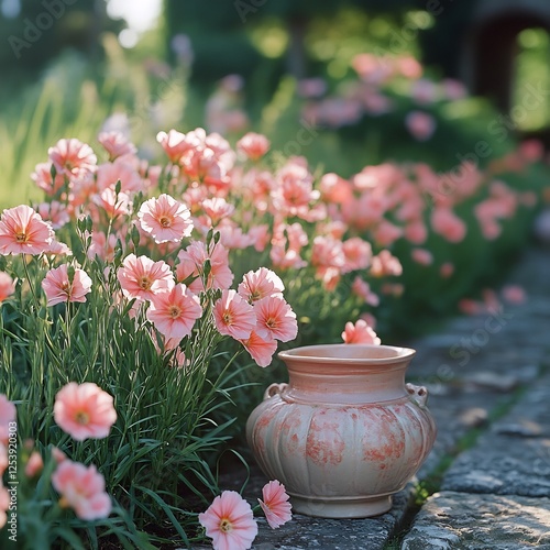 Summer garden filled blooming pink carnations green grass and decorative pots