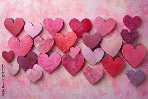 Red hearts on wooden background.