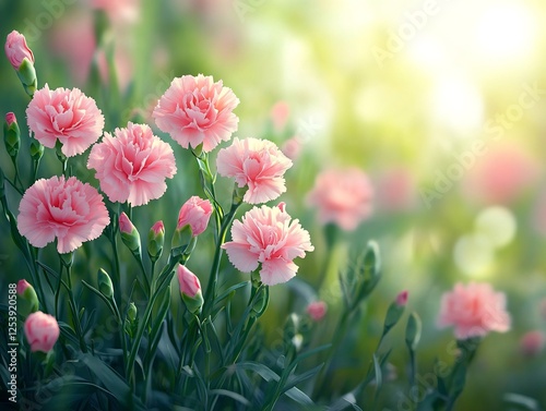 Summer garden pink carnation flowers in bloom lush green leaves bright sun