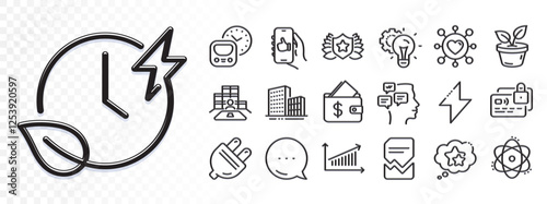 Like app, Card and Metro line icons for web app. Glare of light effect. Message icon. Pack of Idea gear, Laureate, Buildings pictogram icons. Ranking stars, Charging time, Energy signs. Vector