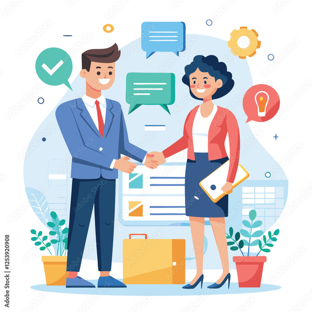 Fototapeta premium People shaking hands at work - Two businesspeople, man and woman doing handshake in office at work while smiling over business agreement and deal. Flat design stock illustration on white background