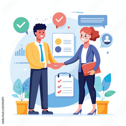 People shaking hands at work - Two businesspeople, man and woman doing handshake in office at work while smiling over business agreement and deal. Flat design stock illustration on white background