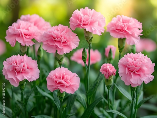 Summer garden pink carnation flowers in bloom lush green leaves bright sun