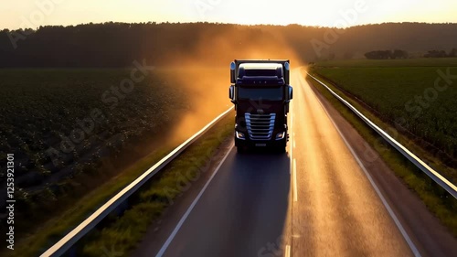 Truck on Road at Sunset