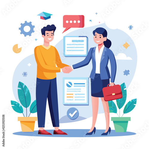 People shaking hands at work - Two businesspeople, man and woman doing handshake in office at work while smiling over business agreement and deal. Flat design stock illustration on white background