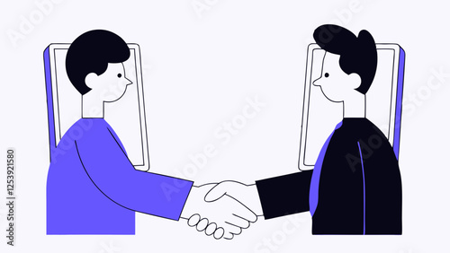 Two people shaking hands, symbolizing an agreement. The minimalist style uses a limited color palette of blue, black, and white, conveying a modern and elegant design.AI