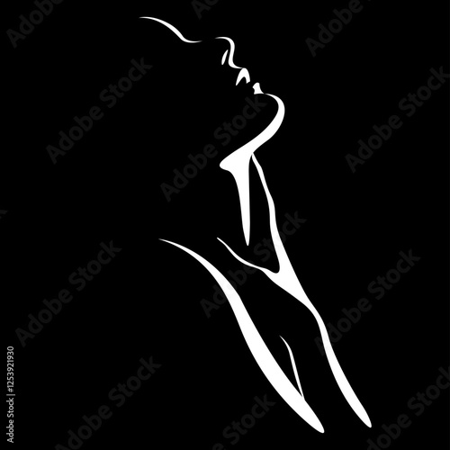 Vector black and white illustration of beautiful female face and body formed by shadow. Woman sensually touching her neck and chest with hand. Female ecstasy, sensuality, pleasure, satisfaction.