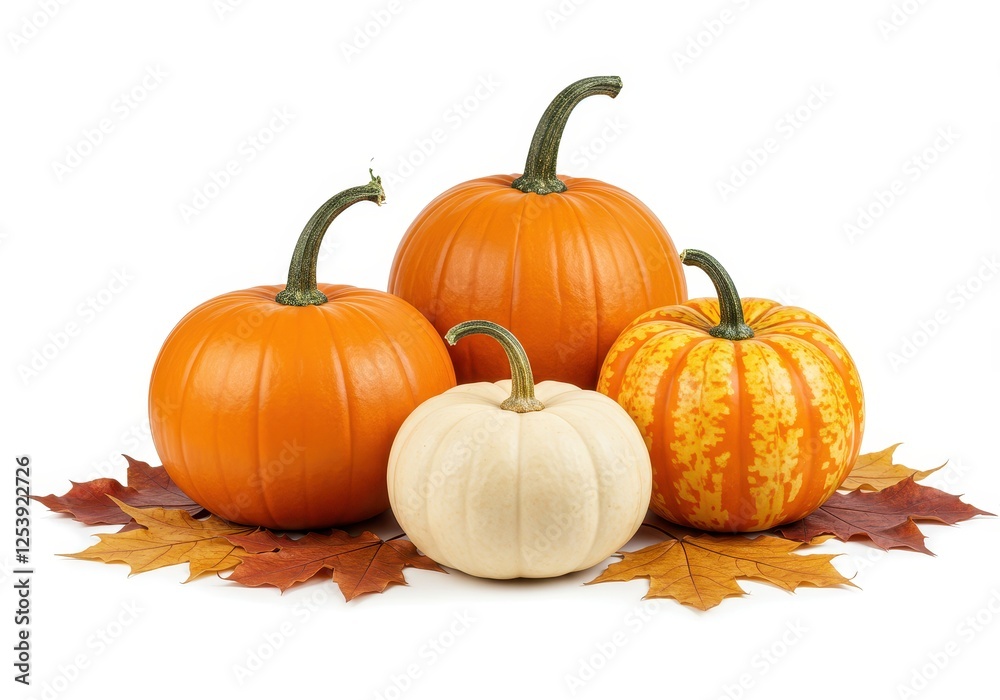 A composition of orange, white and patterned pumpkins surrounded by autumn leaves isolated on white background A composition of orange, white and patterned pumpkins surrounded by autumn leaves isolated on white background