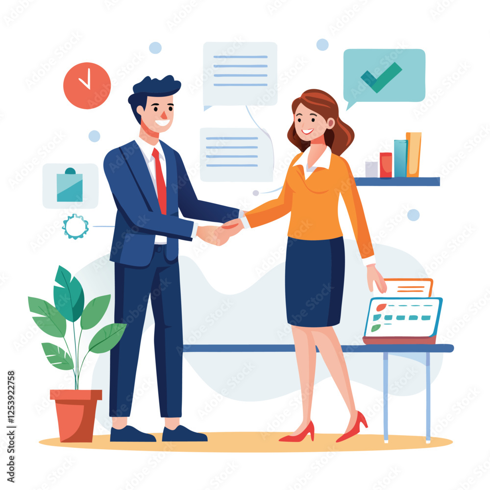 Obraz premium People shaking hands at work - Two businesspeople, man and woman doing handshake in office at work while smiling over business agreement and deal. Flat design stock illustration on white background