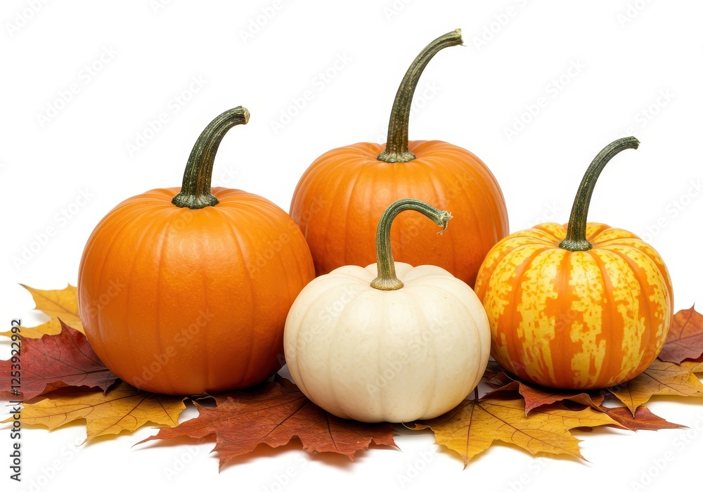 A composition of orange, white and patterned pumpkins surrounded by autumn leaves isolated on white background A composition of orange, white and patterned pumpkins surrounded by autumn leaves isolated on white background