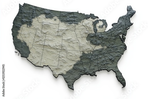 A topographic map of the United States rendered in muted tones, showcasing the diverse geography and landscape features in a visually appealing format.