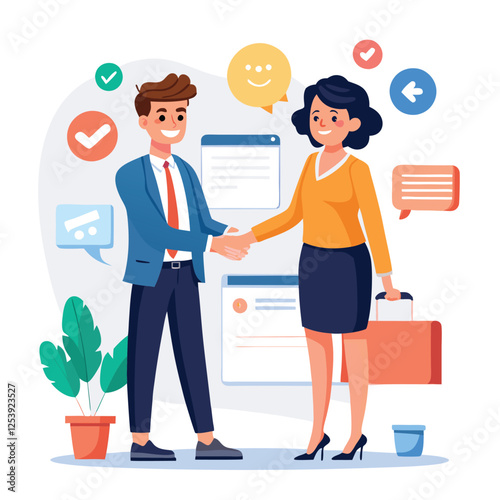 People shaking hands at work - Two businesspeople, man and woman doing handshake in office at work while smiling over business agreement and deal. Flat design stock illustration on white background
