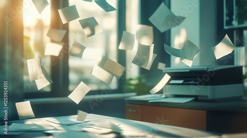 Flying Documents Office Printer Paperwork Chaos Business Workflow Documents in Motion