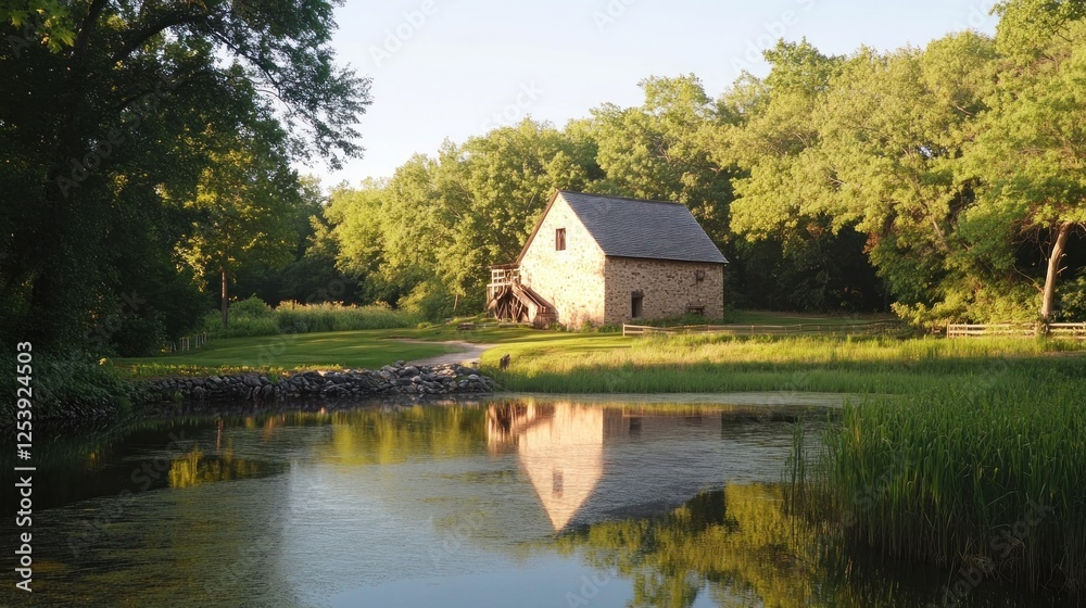 Serene Stone Mill by the Lake at Golden Hour Serene Stone Mill by the Lake at Golden Hour