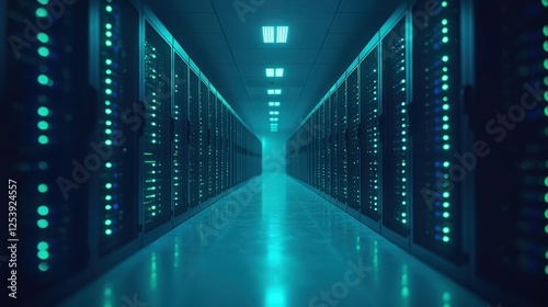 Server room corridor, data center, glowing lights, digital infrastructure, technology