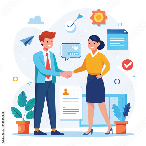 People shaking hands at work - Two businesspeople, man and woman doing handshake in office at work while smiling over business agreement and deal. Flat design stock illustration on white background