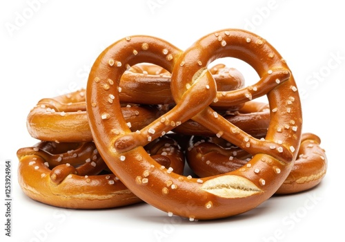 A pile of salted pretzels with shiny surfaces and coarse salt isolated on white background