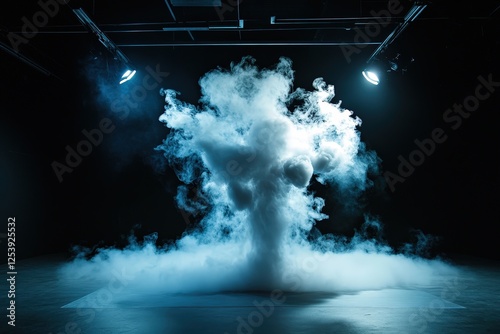 A visually striking burst of smoke fills the stage area, capturing a powerful moment in performance art that emphasizes excitement and dramatic effects. photo