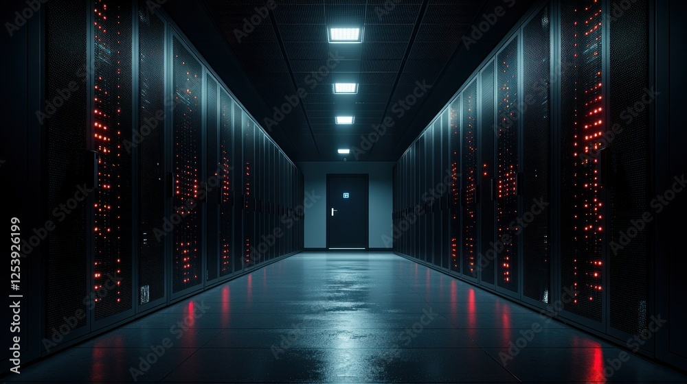 Fototapeta premium Server room corridor, data center, night, glowing lights, technology