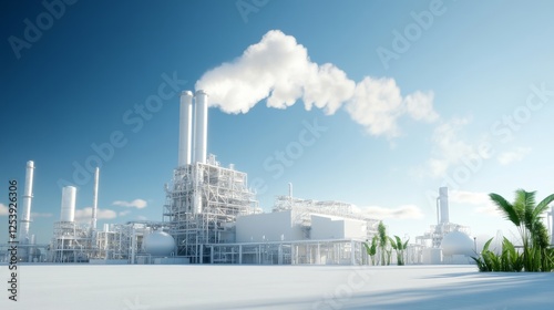 Modern Industrial Facility with Emission Smoke Streams Against a Blue Sky, Showcasing Advanced Technology and Environmental Awareness in Manufacturing Processes