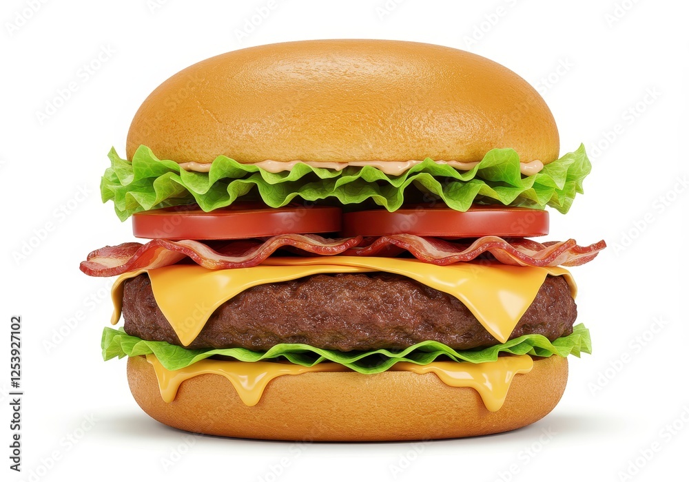 A juicy cheeseburger with lettuce, tomato slices, bacon, melted cheese, and a toasted bun isolated on white background A juicy cheeseburger with lettuce, tomato slices, bacon, melted cheese, and a toasted bun isolated on white background