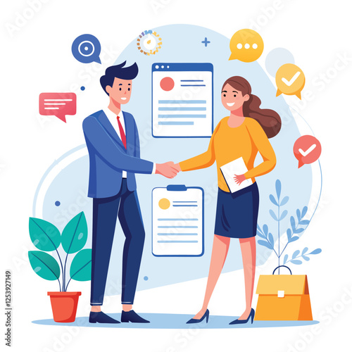 People shaking hands at work - Two businesspeople, man and woman doing handshake in office at work while smiling over business agreement and deal. Flat design stock illustration on white background