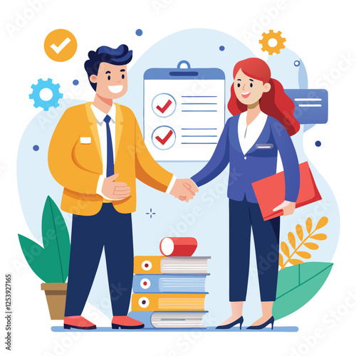 People shaking hands at work - Two businesspeople, man and woman doing handshake in office at work while smiling over business agreement and deal. Flat design stock illustration on white background