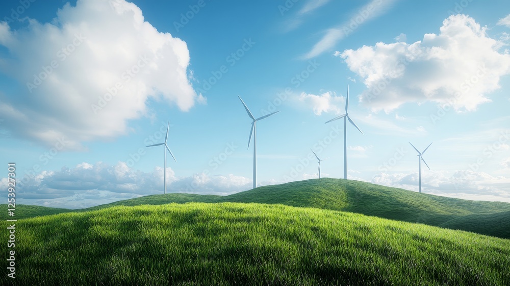 Scenic Landscape of Rolling Green Hills with Tall Wind Turbines Against a Bright Blue Sky and Fluffy White Clouds in Daylight Scenic Landscape of Rolling Green Hills with Tall Wind Turbines Against a Bright Blue Sky and Fluffy White Clouds in Daylight